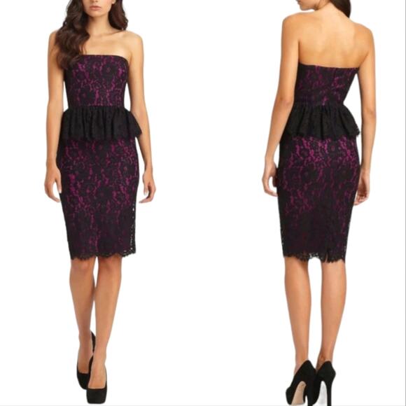 Robert Rodriquez | Peplum Lace Magenta and Black Strapless Cocktail Dress - Picture 2 of 12